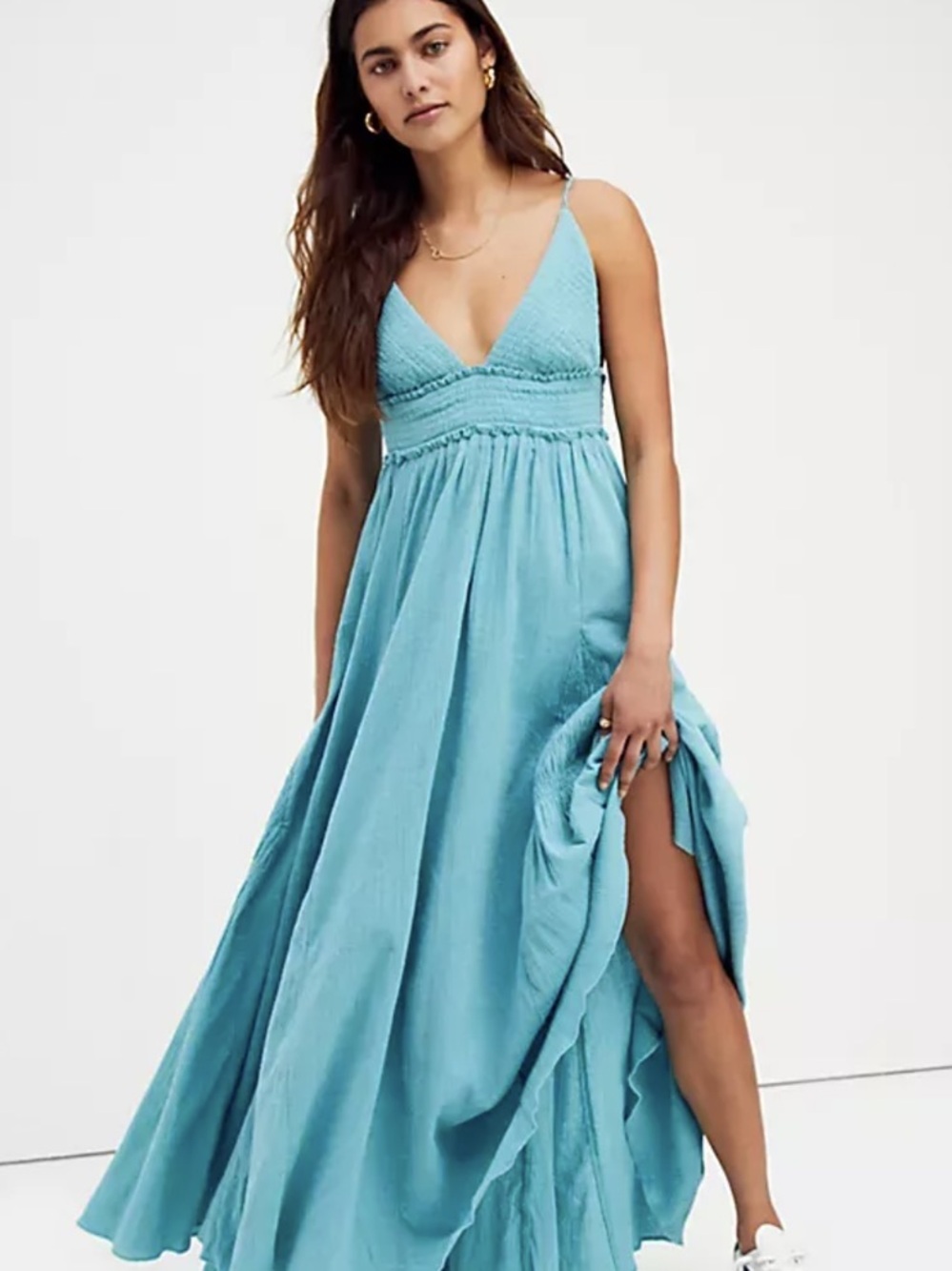 Free People NWT Heat Haze Blue V-Neck Maxi Dress with Smocked Waist XL - Picture 3 of 4